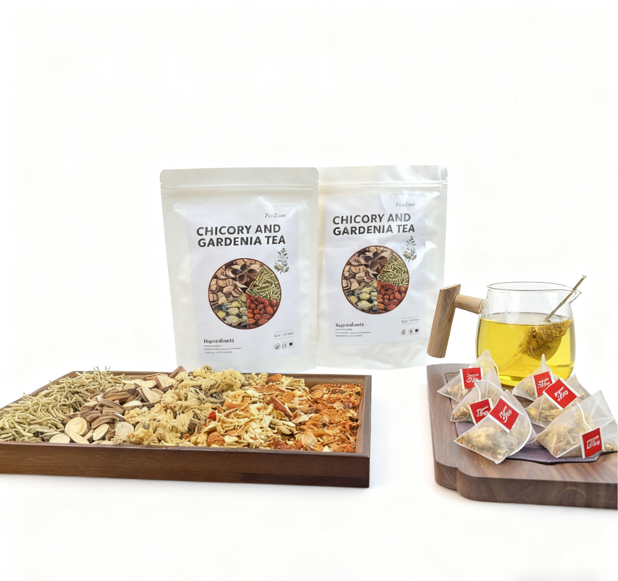 SereniTea package, tea bags and brewed tea